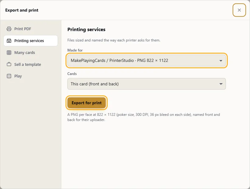 The printing services in the export dialog