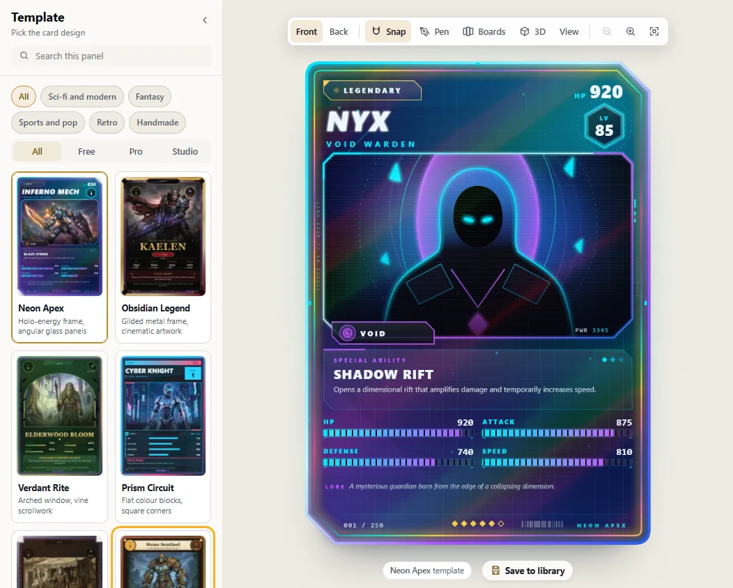 The Template panel in the editor, showing each template as a card